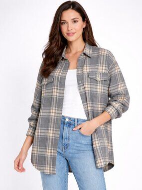 Old Navy Boyfriend Flannel Shirt XL Grey Plaid Tunic 100% Cotton